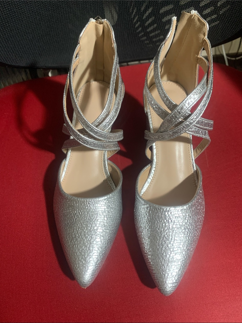 New Silver Strappy Pointed-Toe Women's Heels